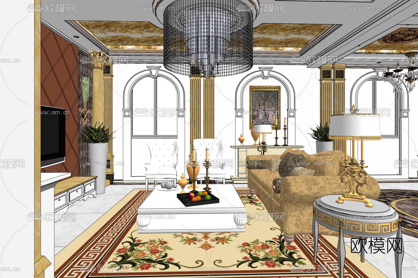 欧式轻奢客厅免费su模型下载