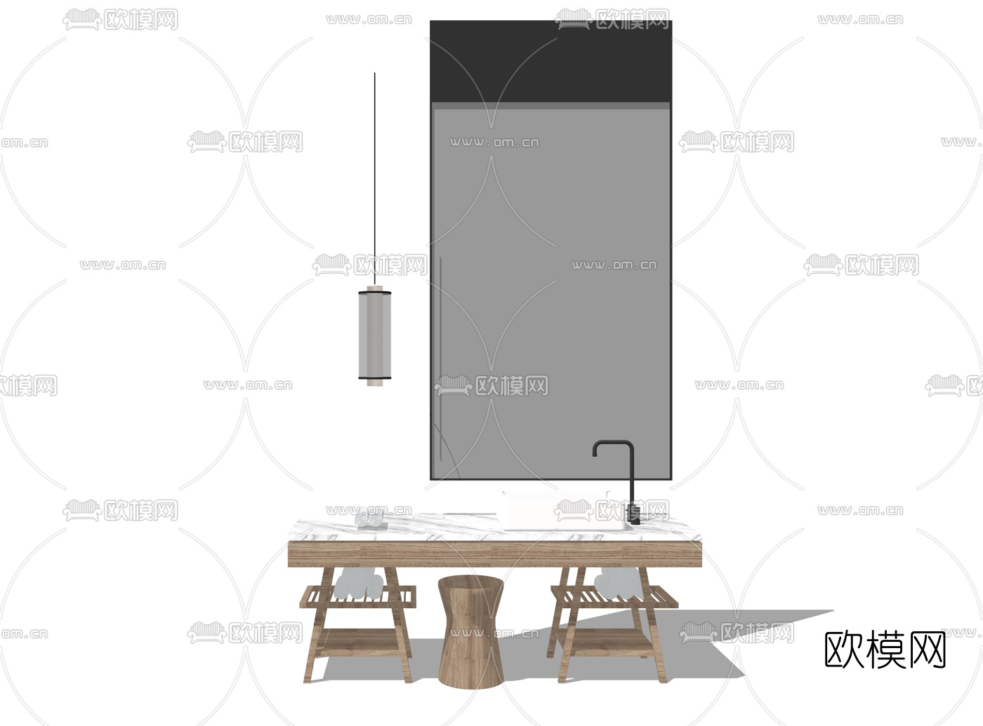 新中式实木洗手台su模型下载（渲染图1）