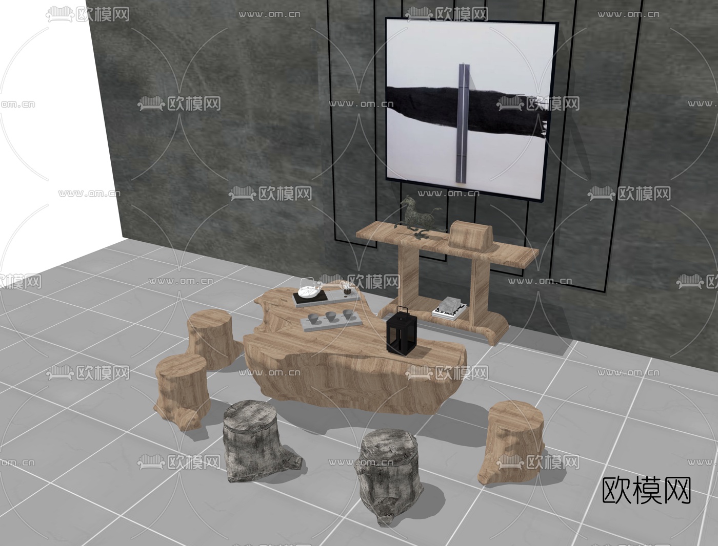 新中式根雕茶桌椅su模型下载（渲染图2）