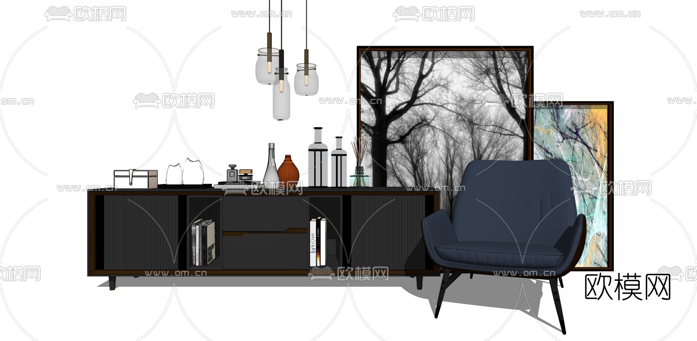 现代实木电视柜su模型下载