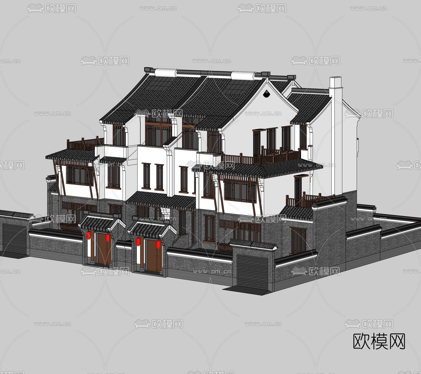 中式联排别墅外观免费su模型-免费3dmax模型库-欧模网