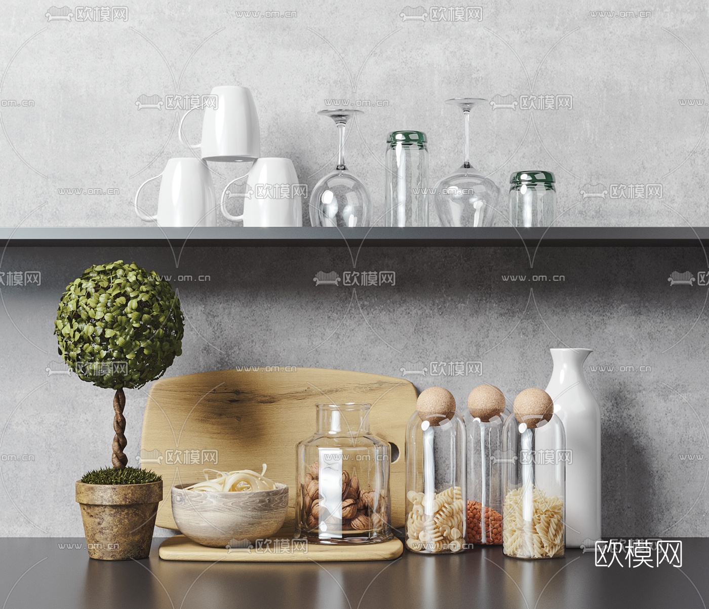 现代水杯陶瓷碗玻璃瓶餐具组合3d模型下载