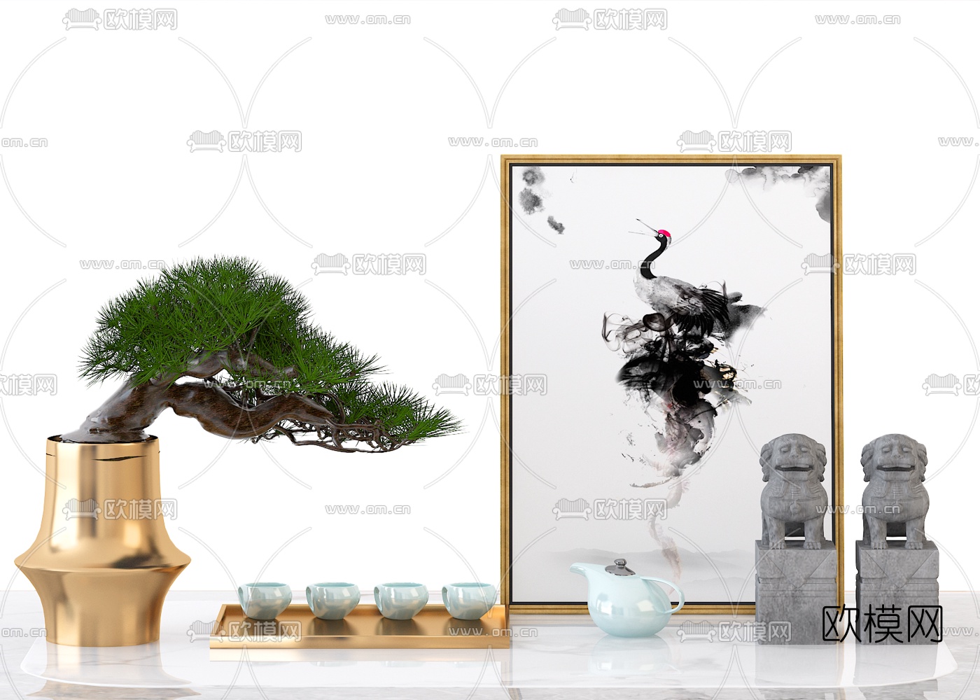 新中式盆栽雕塑茶具摆件3d模型