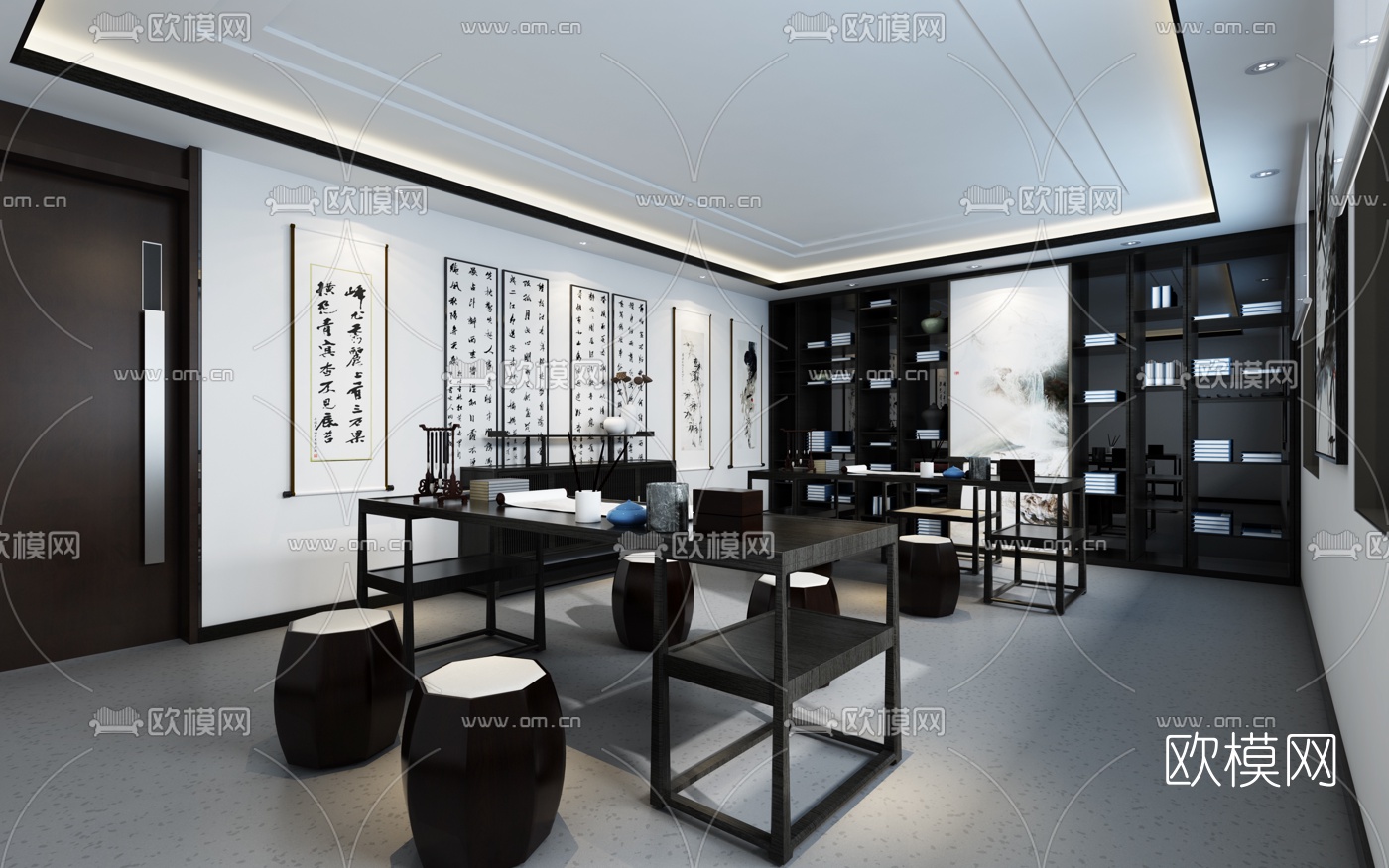 新中式书房免费3d模型-免费3dmax模型库-欧模网