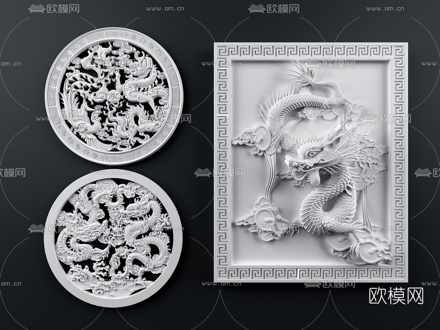 中式石膏龙浮雕3d模型