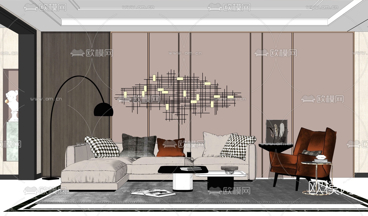 现代布艺组合沙发su模型下载（渲染图2）