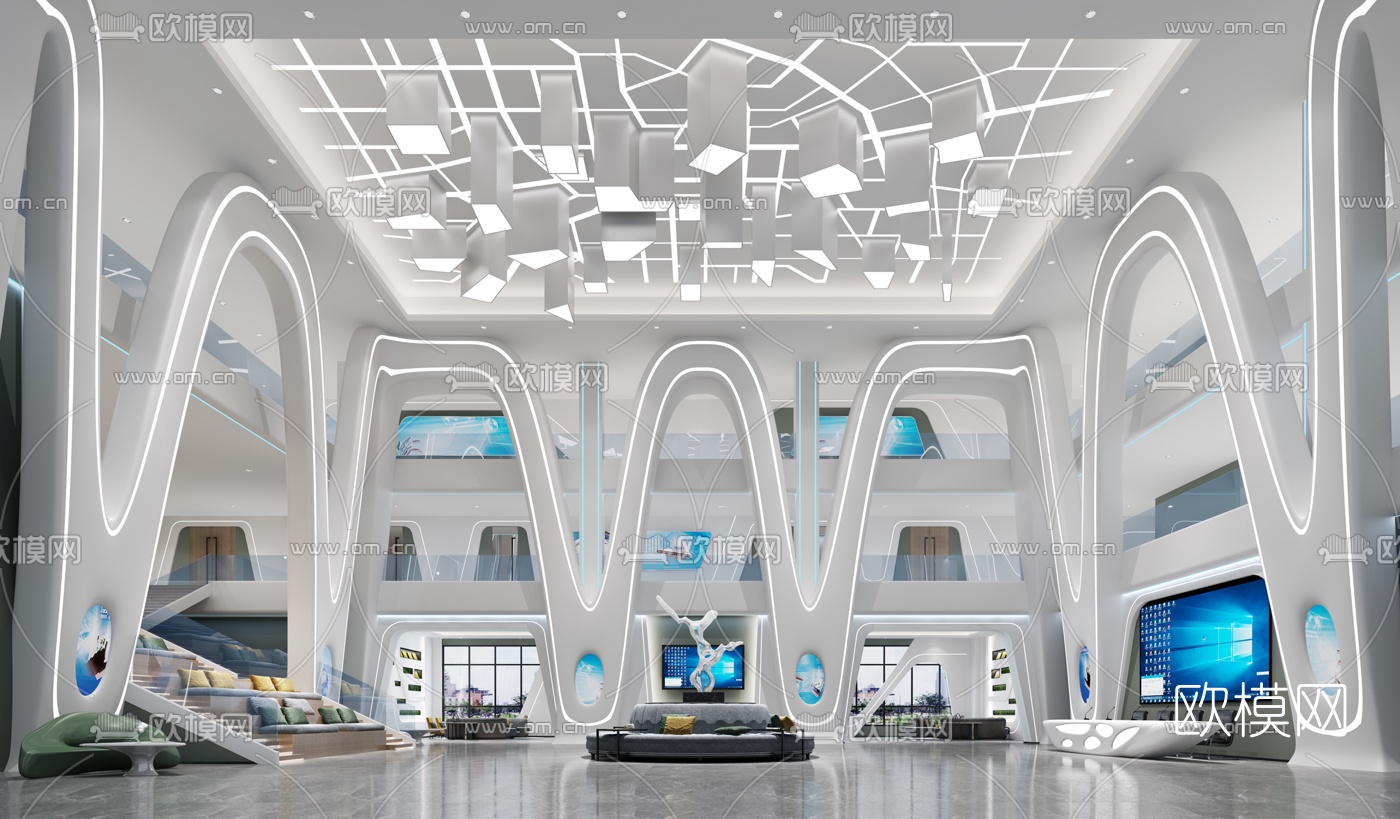 现代科技前台大厅3d模型-免费3dmax模型库-欧模网