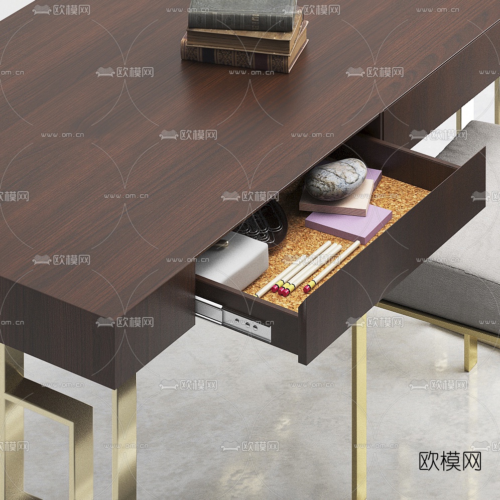 中式金属书桌椅3d模型下载（渲染图2）