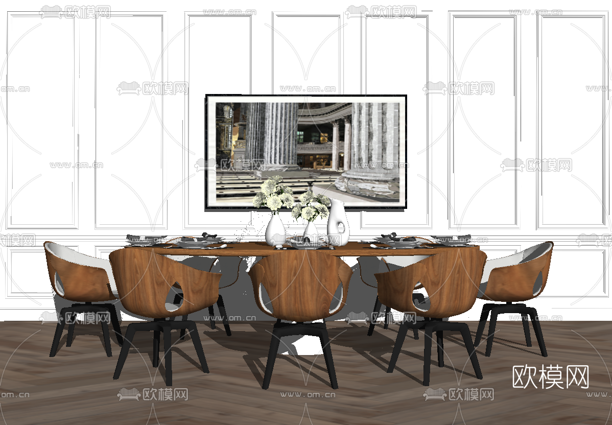 现代八人餐桌椅su模型下载