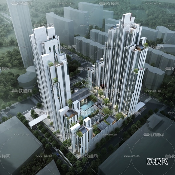 新中式别墅外观su模型下载(渲染图2)