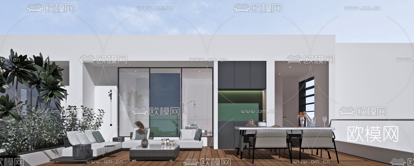 现代别墅露台休闲区3d模型下载（渲染图1）