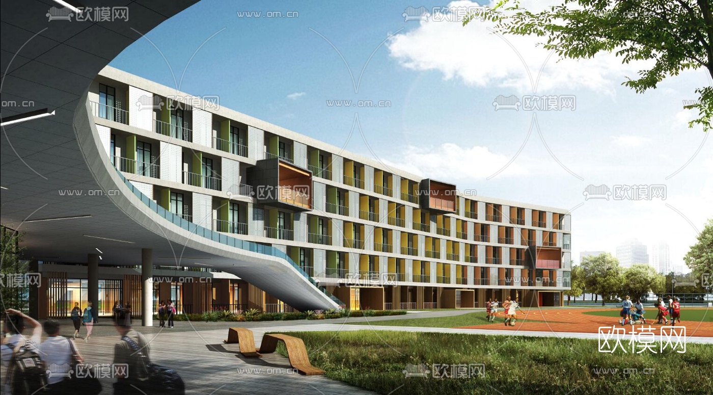 现代学校教学楼外观su模型下载（渲染图1）