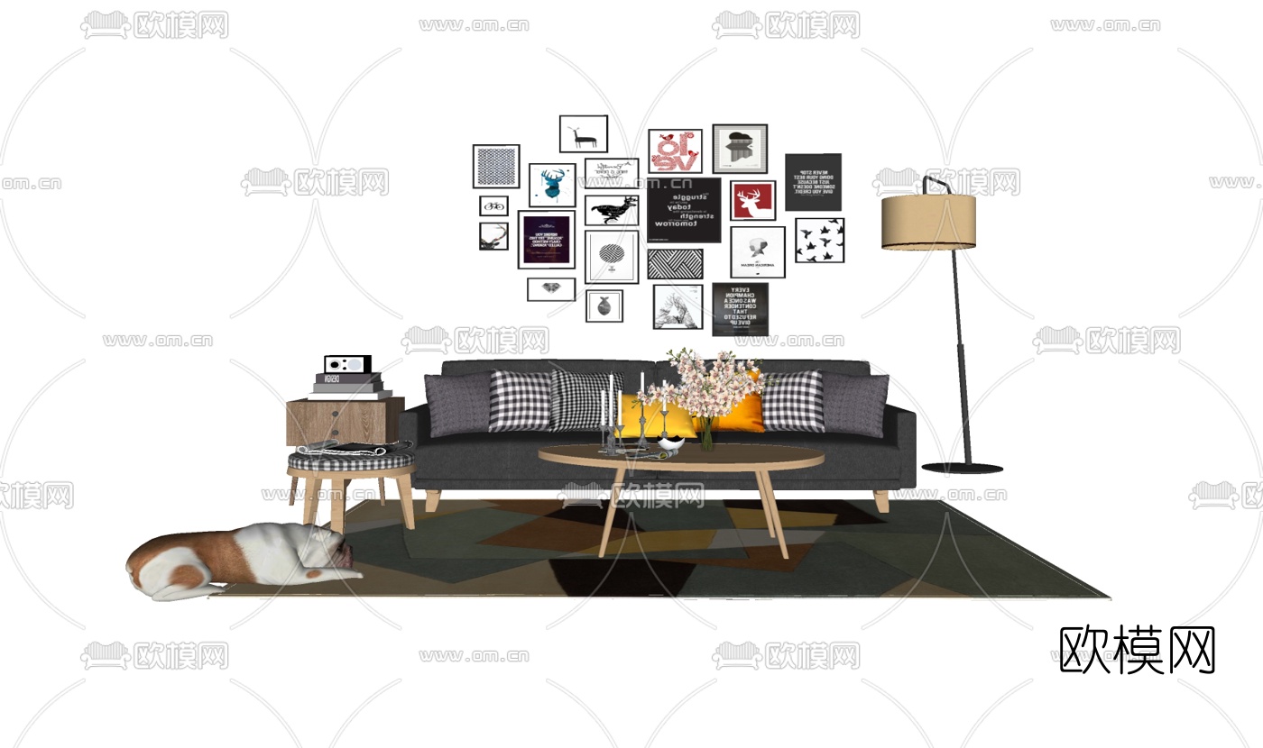 北欧布艺组合沙发su模型下载