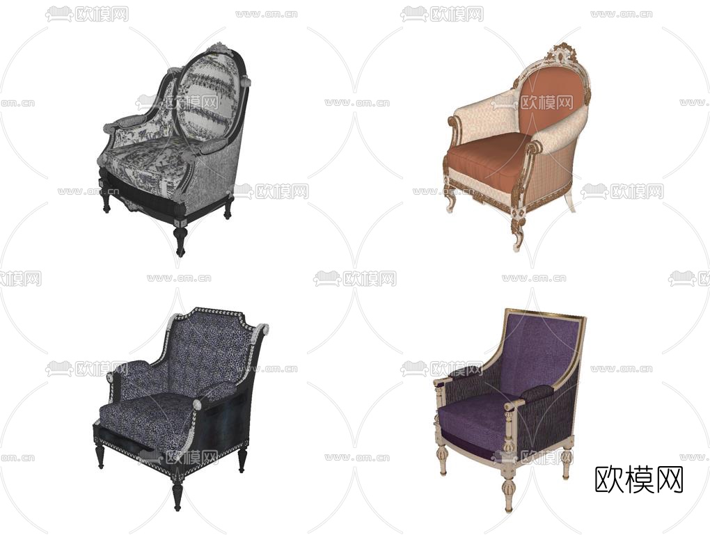 美式布艺单人沙发组合su模型下载