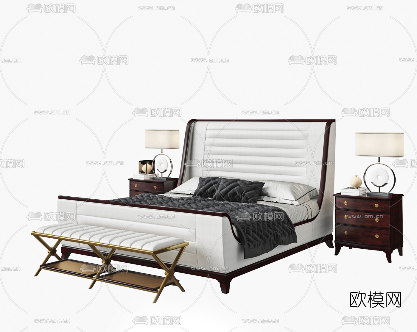 中式布艺双人床3d模型下载