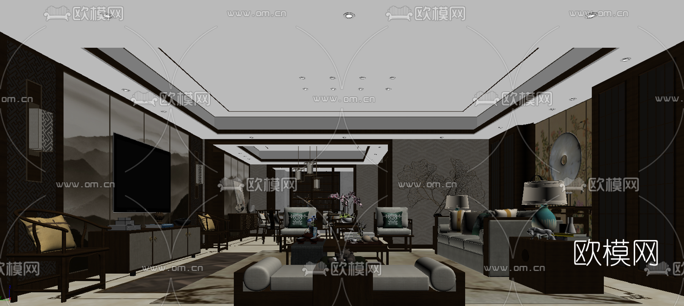 新中式客厅餐厅su模型