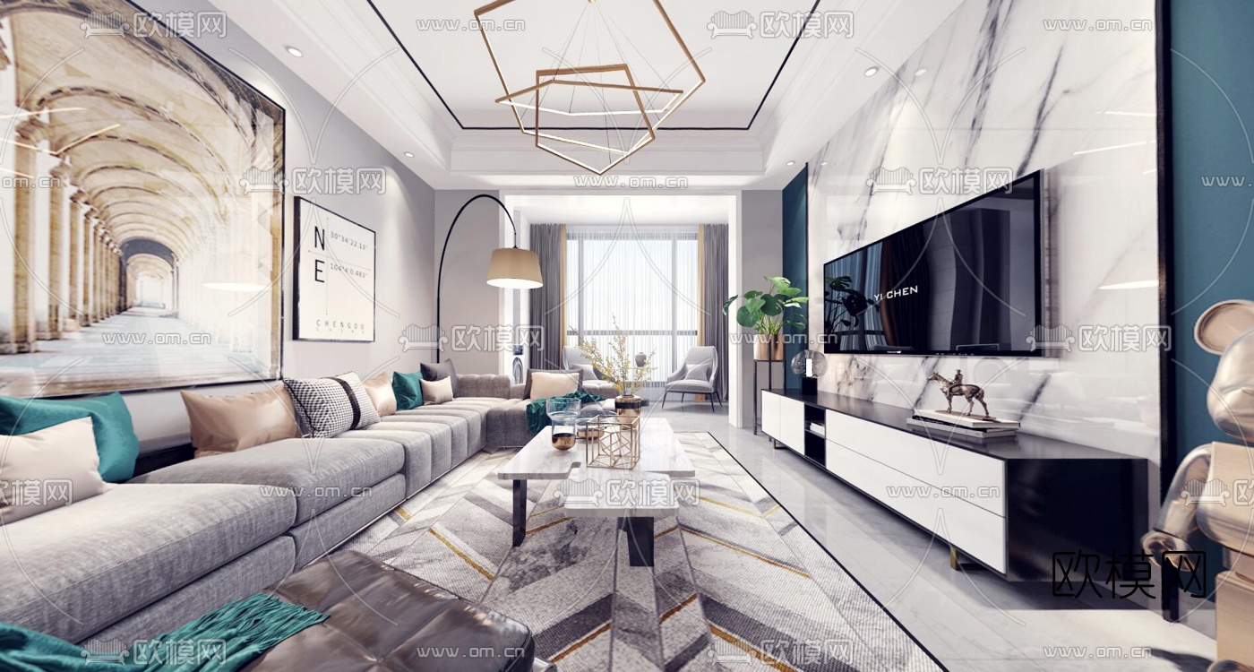 现代轻奢客厅餐厅vr全景3d模型