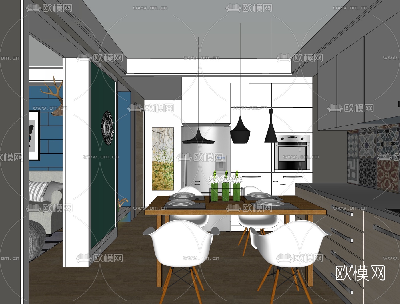 北欧客餐厅免费su模型下载（渲染图1）
