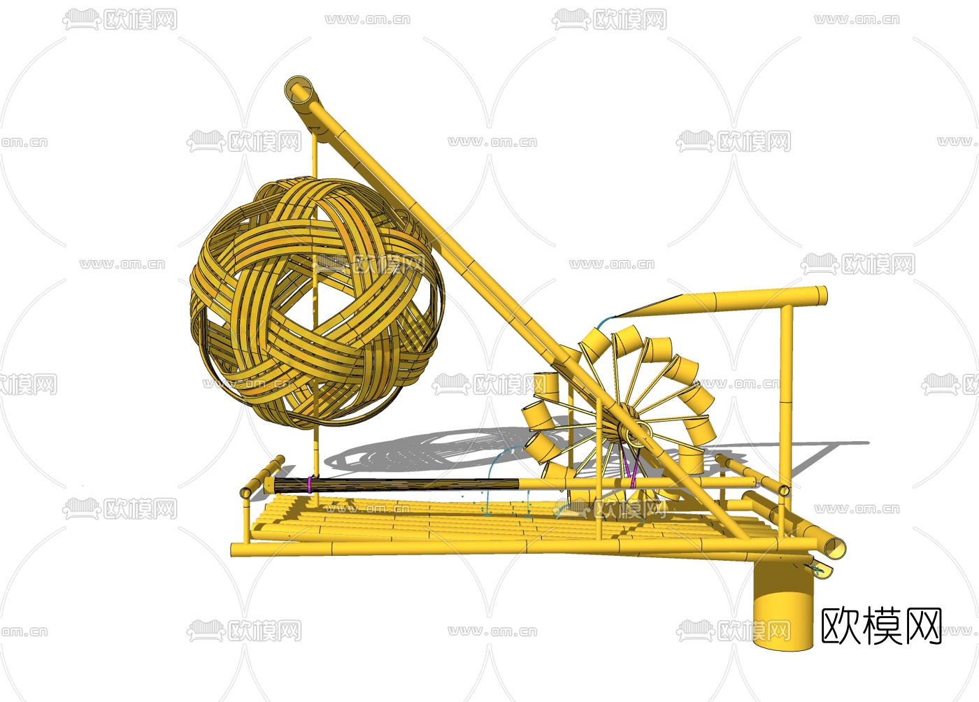 中式实木水车免费su模型下载