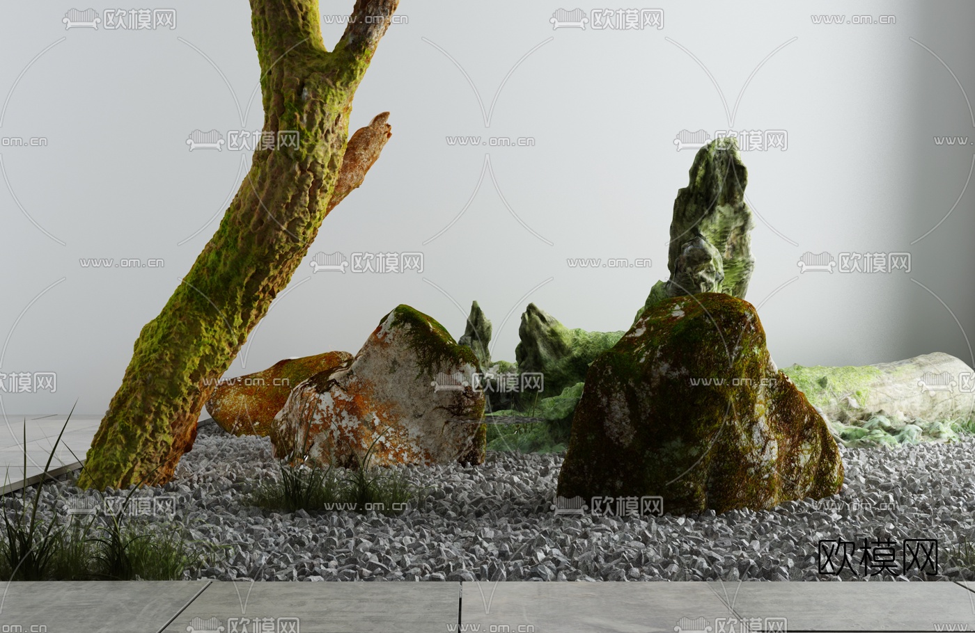 新中式枯树山石景观小品3d模型