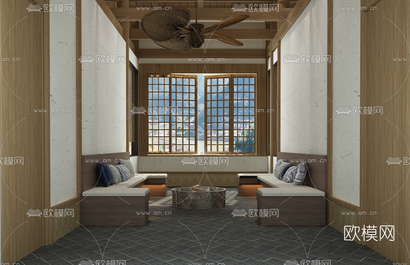 新中式民宿酒店双人房免费3d模型下载（渲染图4）