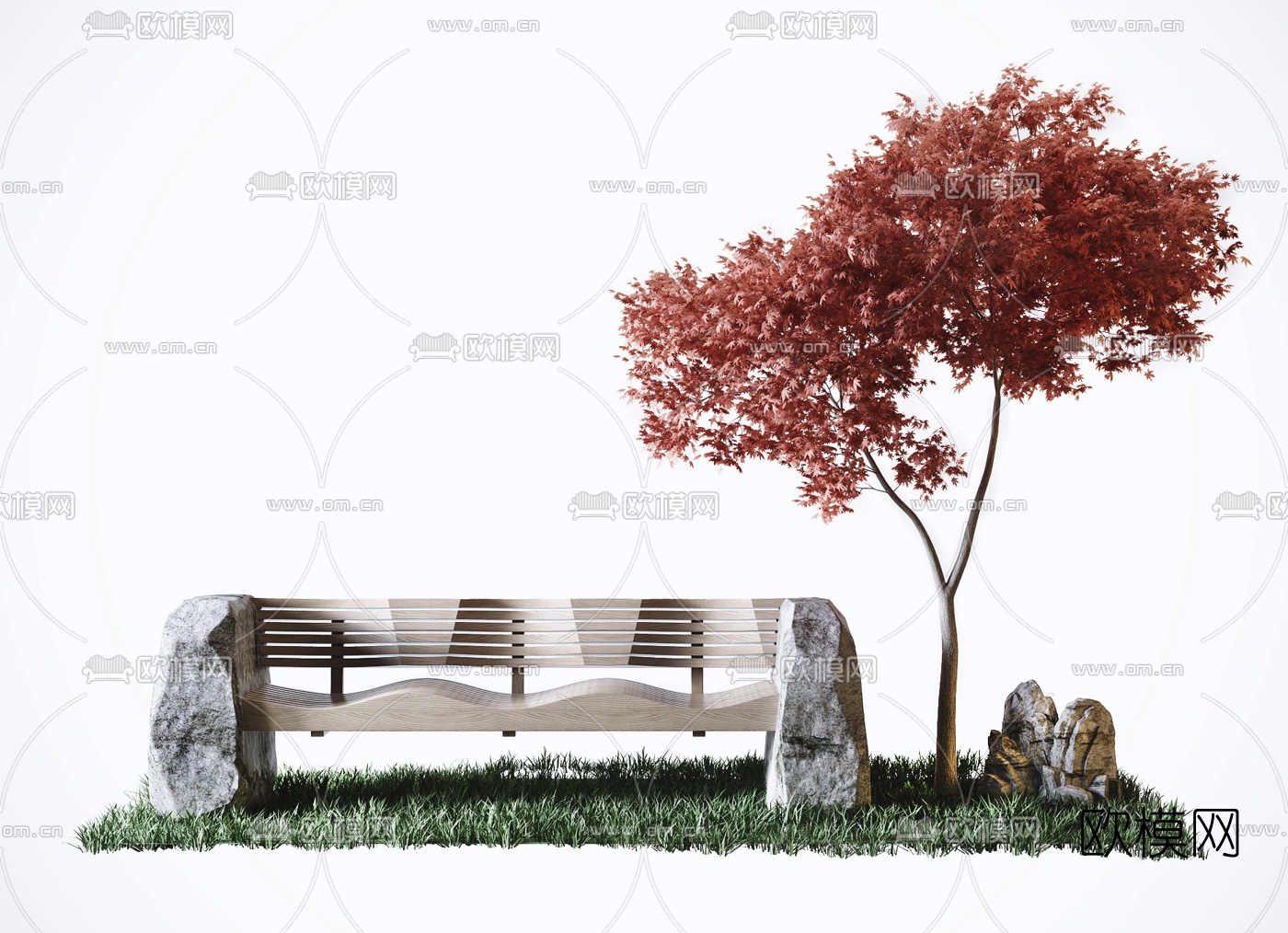 现代户外石头长椅3d模型下载（渲染图2）
