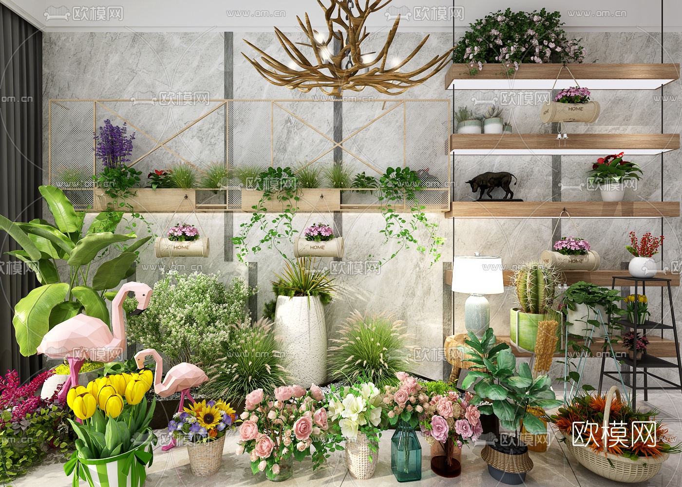 北欧火烈鸟绿植盆栽组合3d模型下载