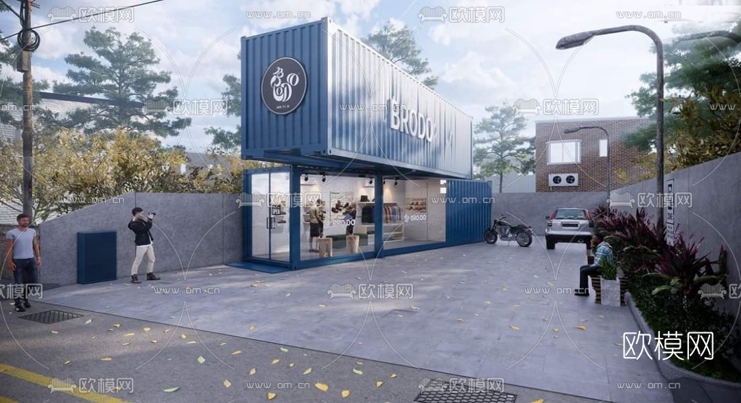 工业风集装箱店铺外观su模型下载（渲染图1）