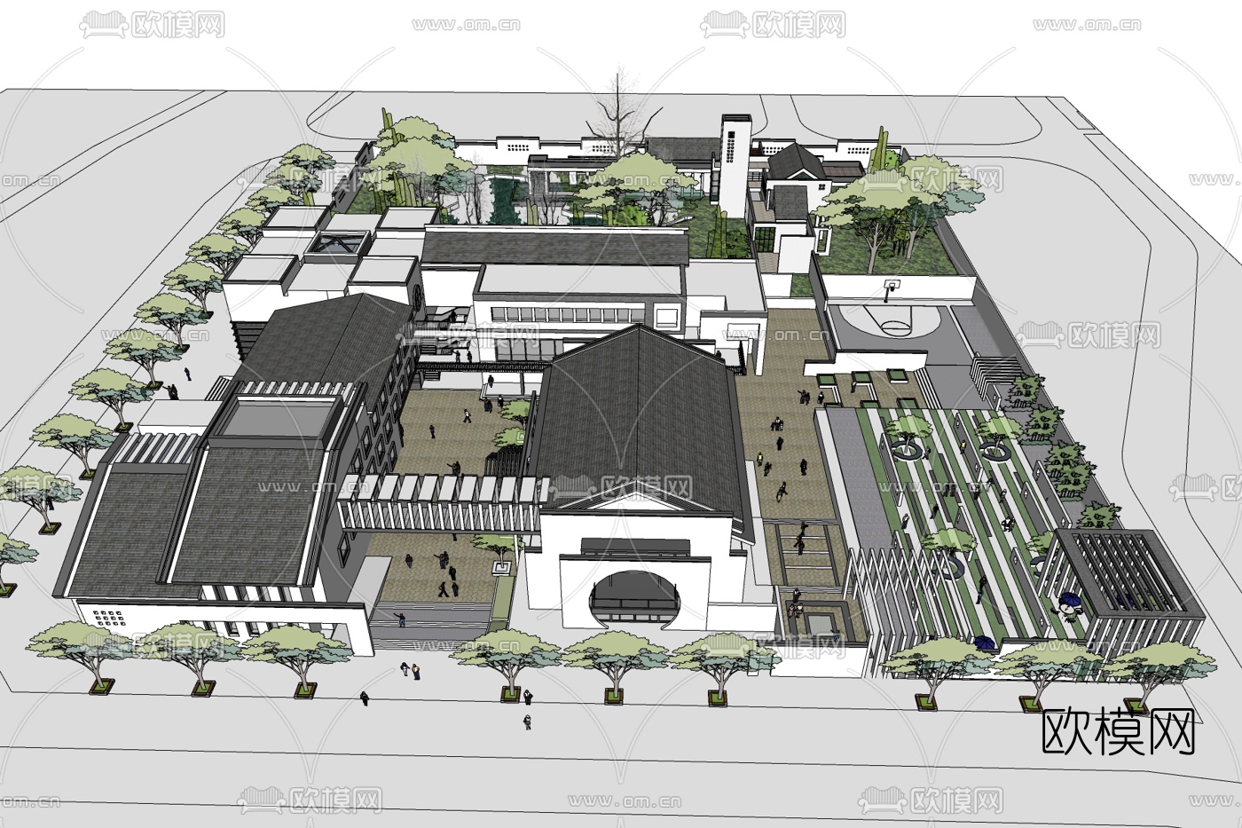 新中式建筑群免费su模型下载
