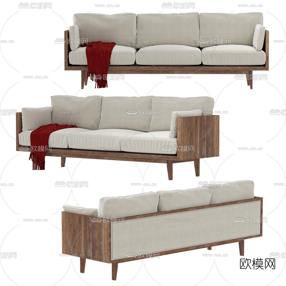 北欧原木多人沙发 三人沙发免费3d模型下载（渲染图1）