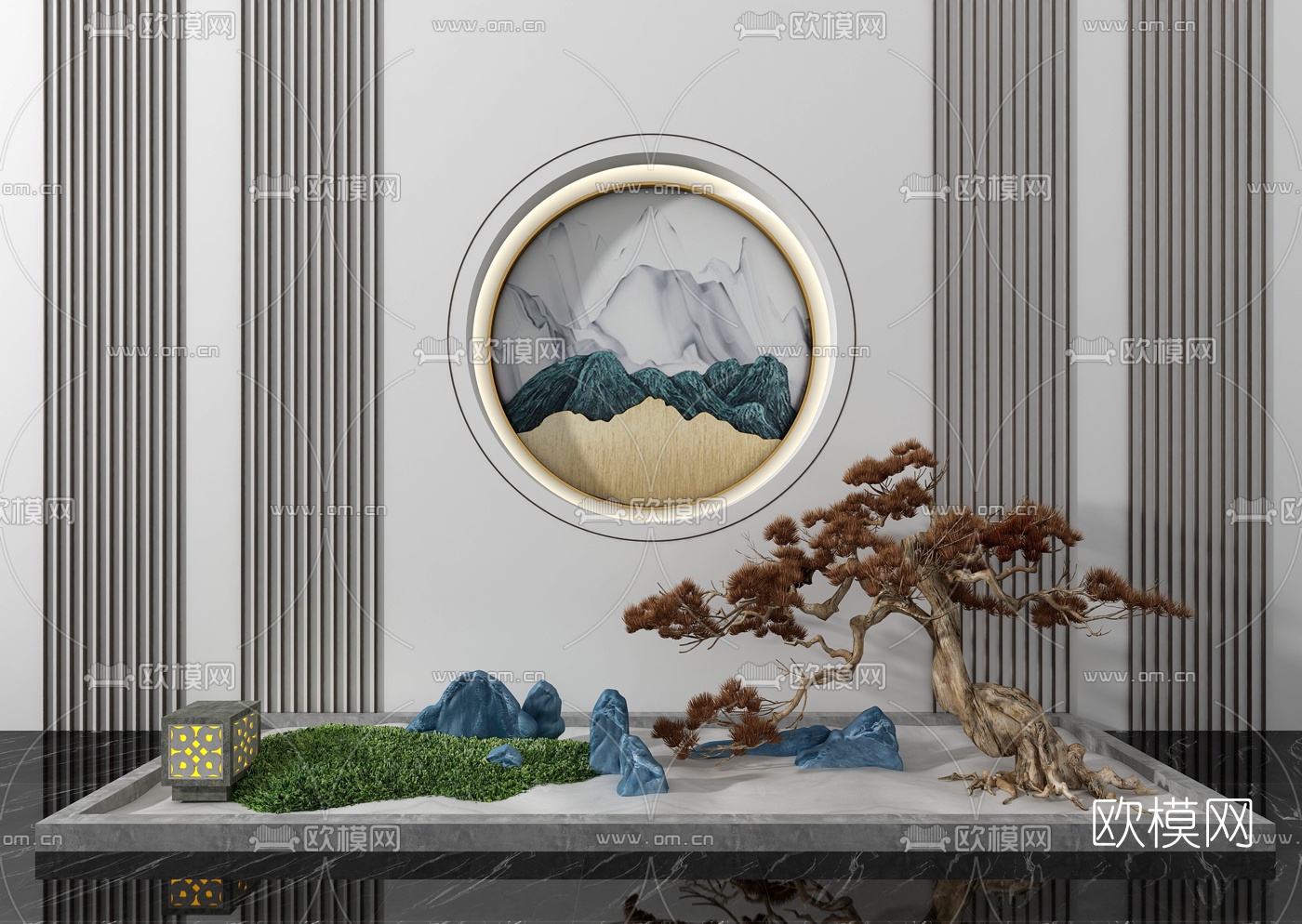 新中式山石树木园艺小品3d模型下载