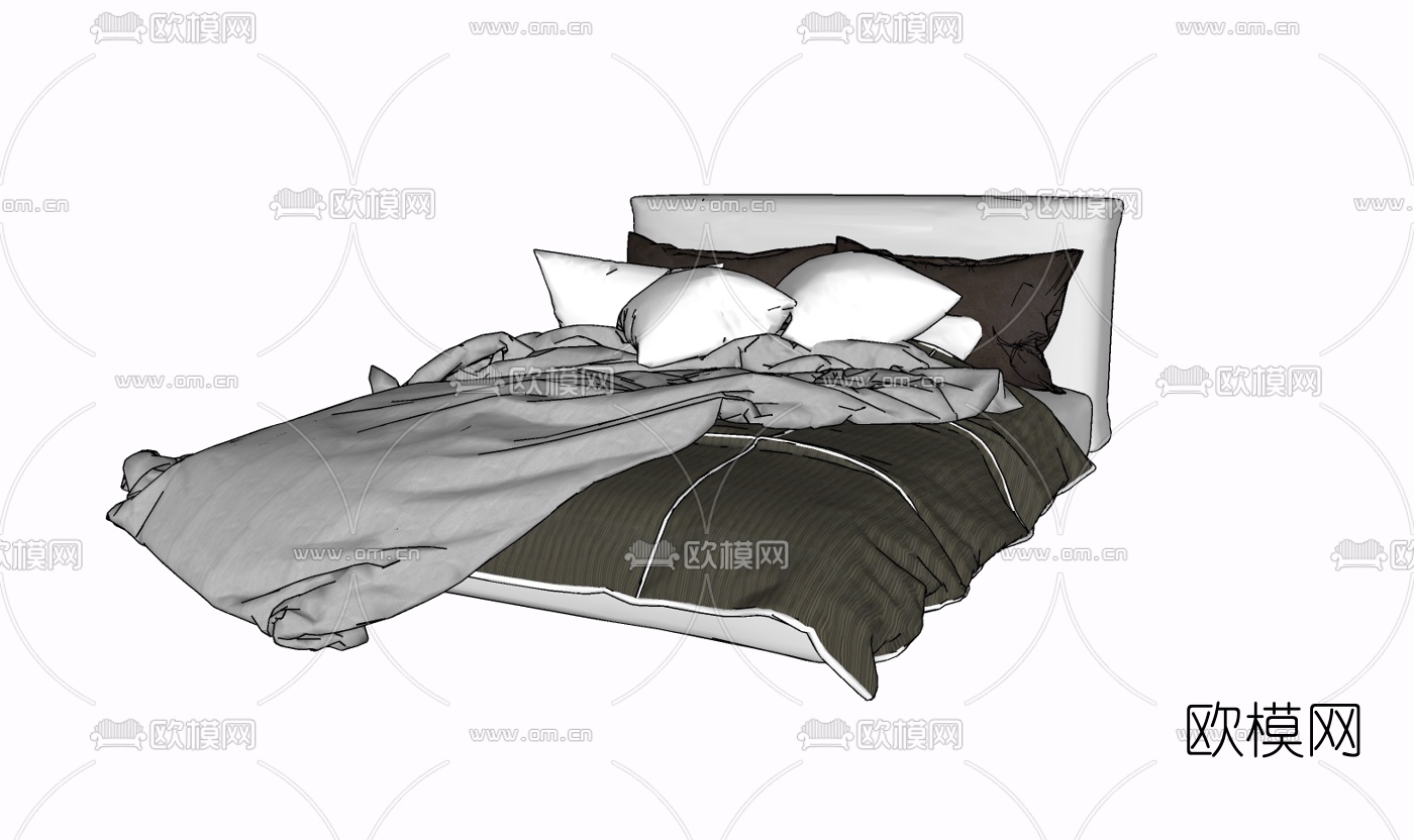 现代布艺双人床免费su模型下载