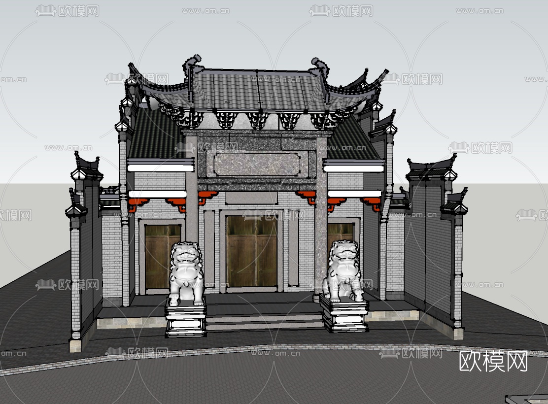中式古建祠堂免费su模型下载