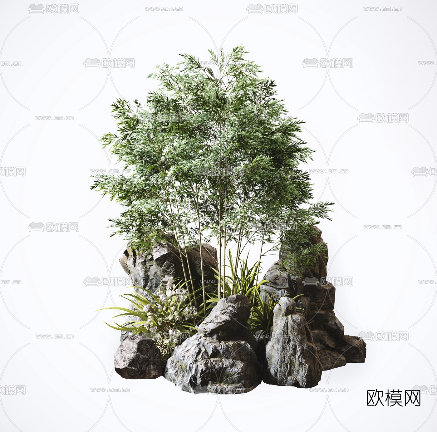中式园艺假山竹子植物小品3d模型下载