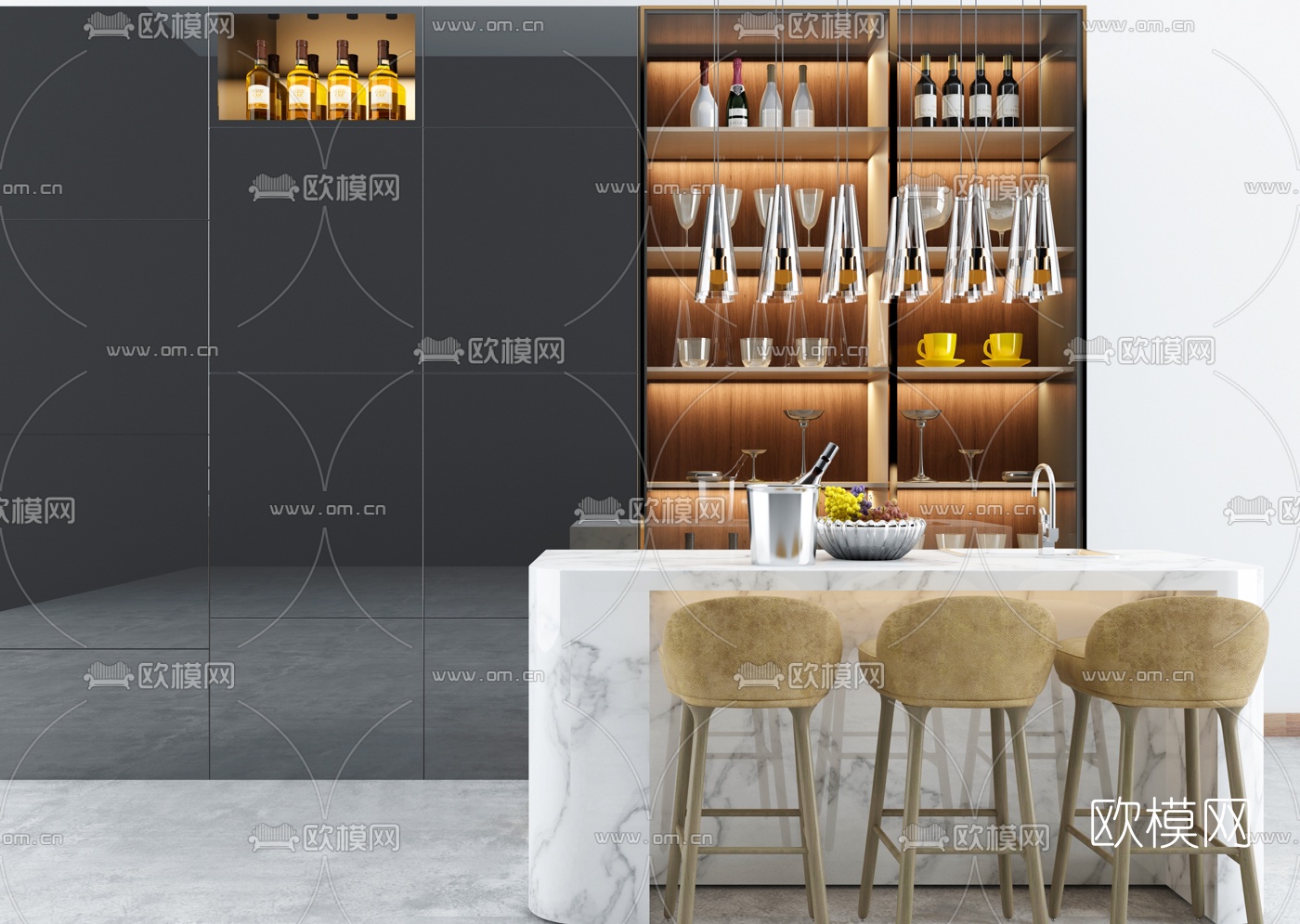 现代大理石吧台吧椅3d模型