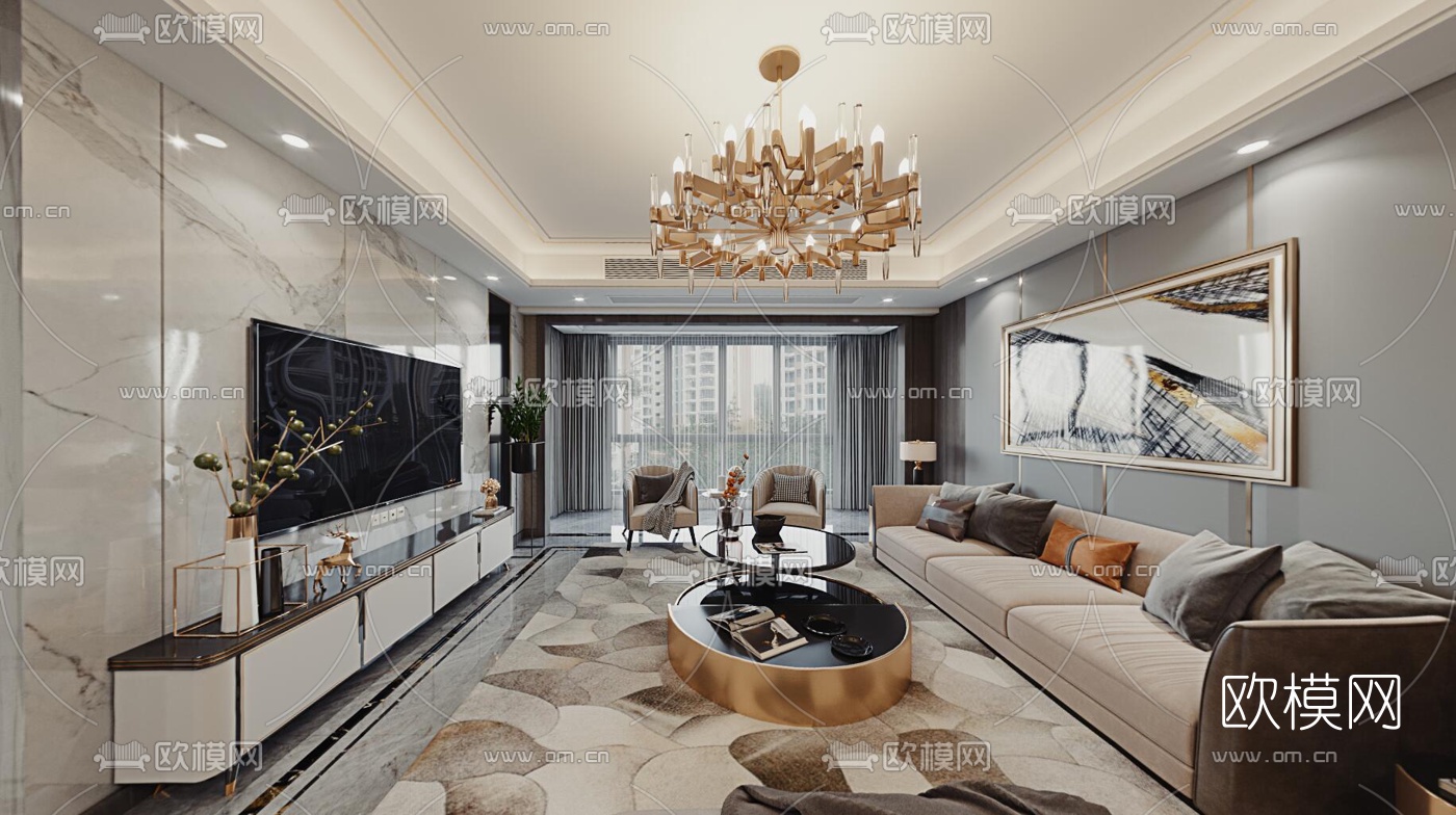 现代轻奢客厅餐厅cr全景3d模型