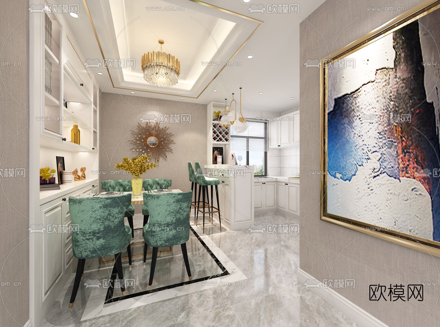 后现代轻奢客厅餐厅免费3d模型