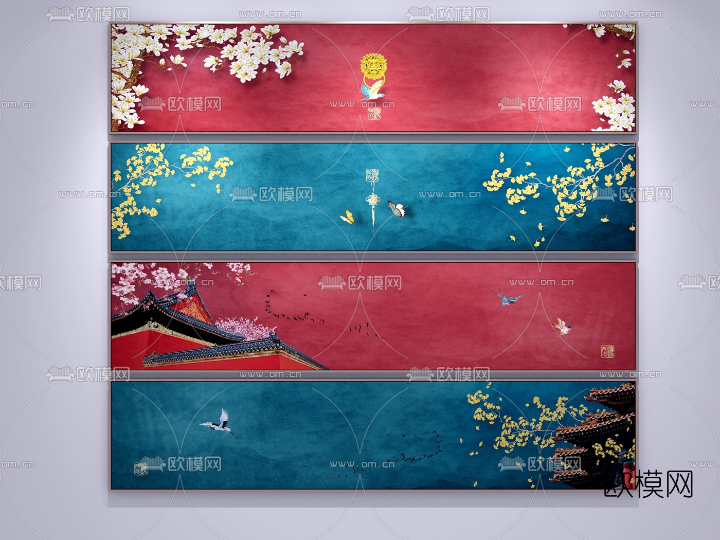 新中式古城飞檐装饰画3d模型