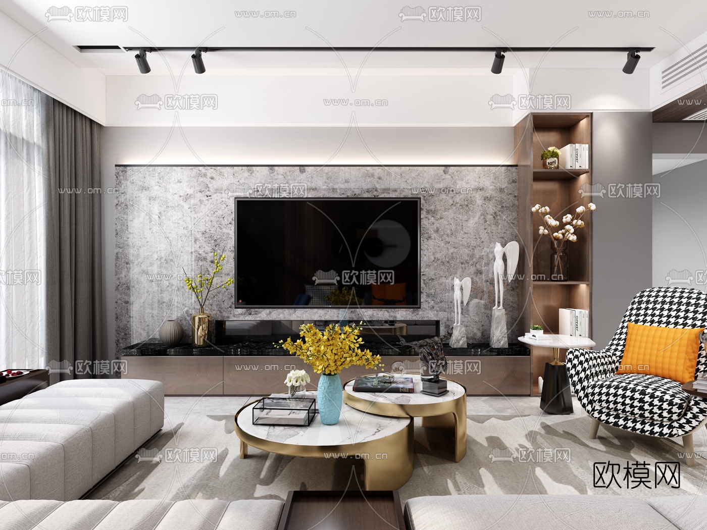 现代轻奢客厅3d模型下载（渲染图2）