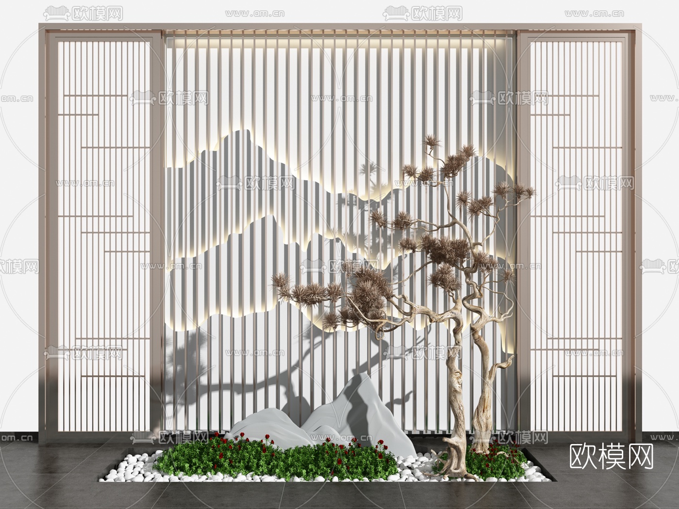 新中式假山松树园艺小品3d模型