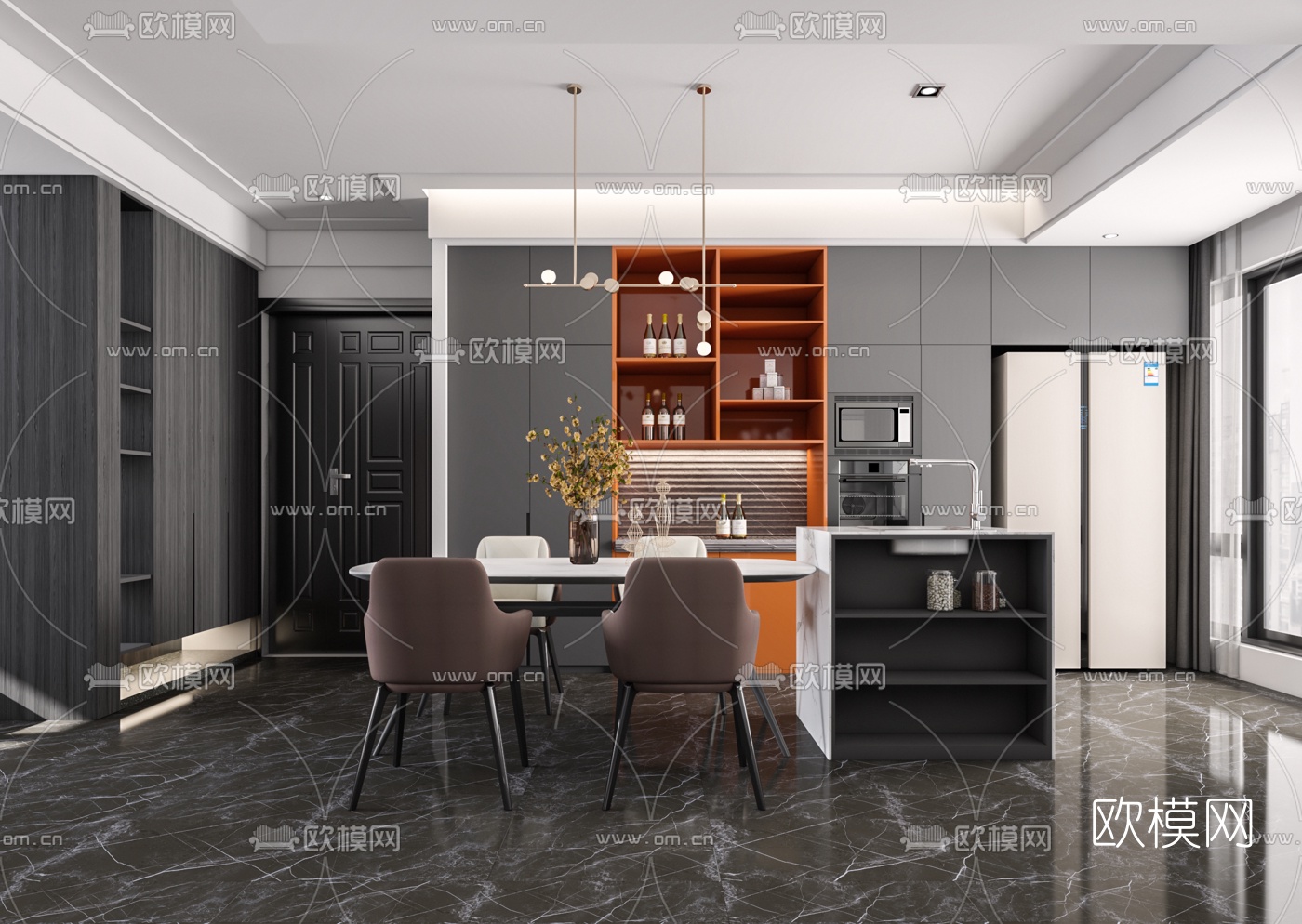 现代客厅餐厅3d模型