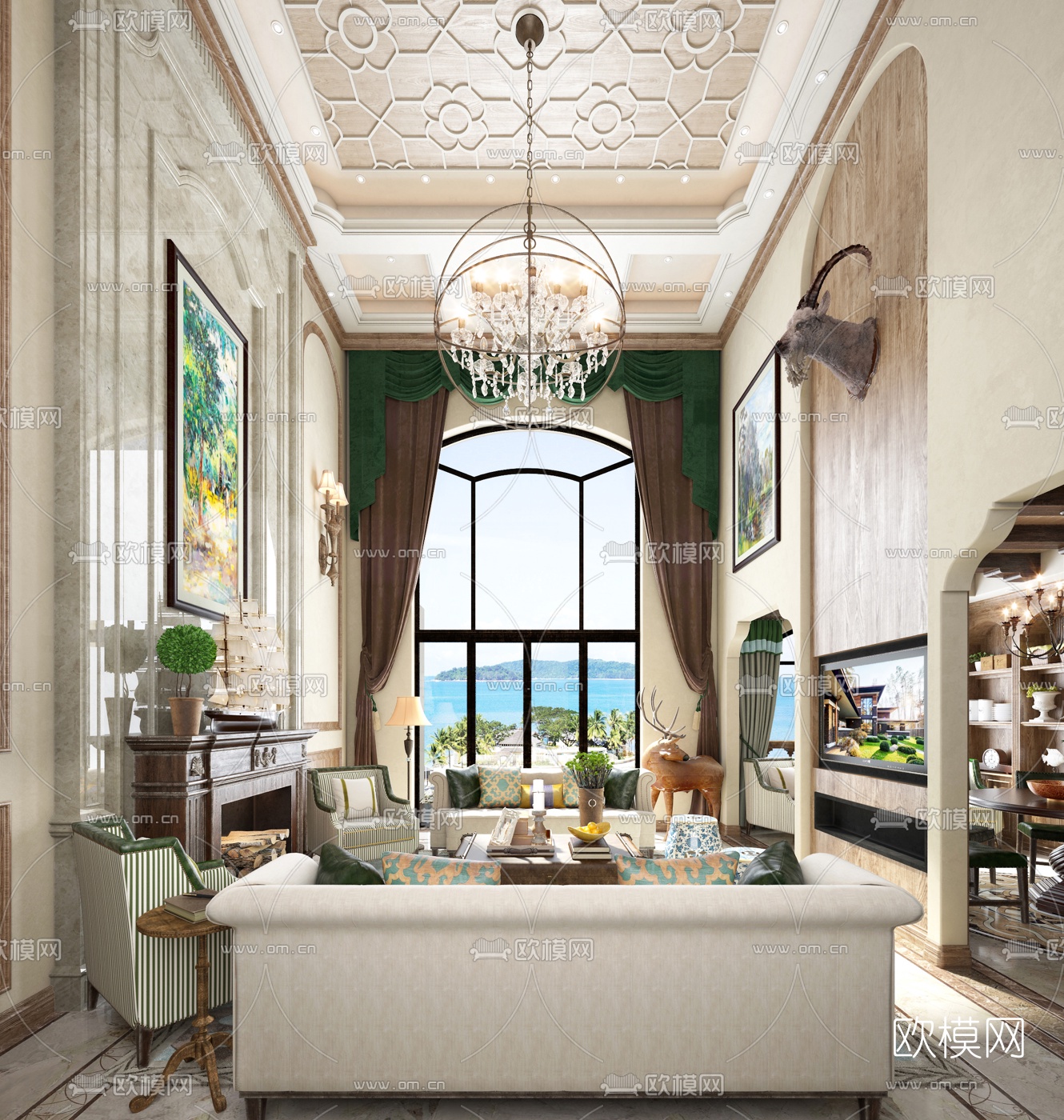 美式挑高别墅客厅餐厅3d模型下载（渲染图2）