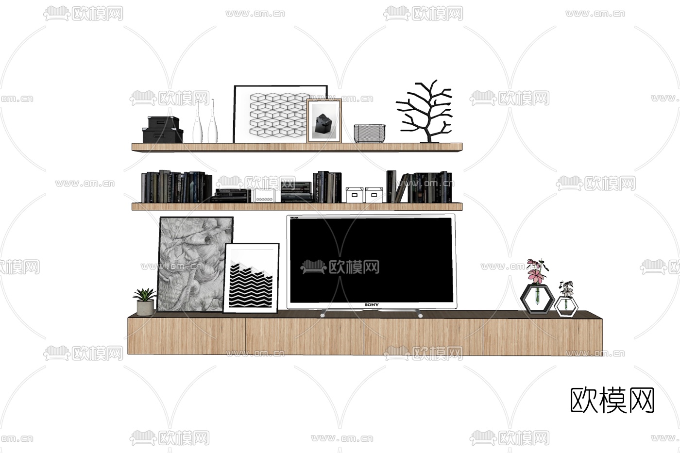 现代实木电视柜免费su模型下载