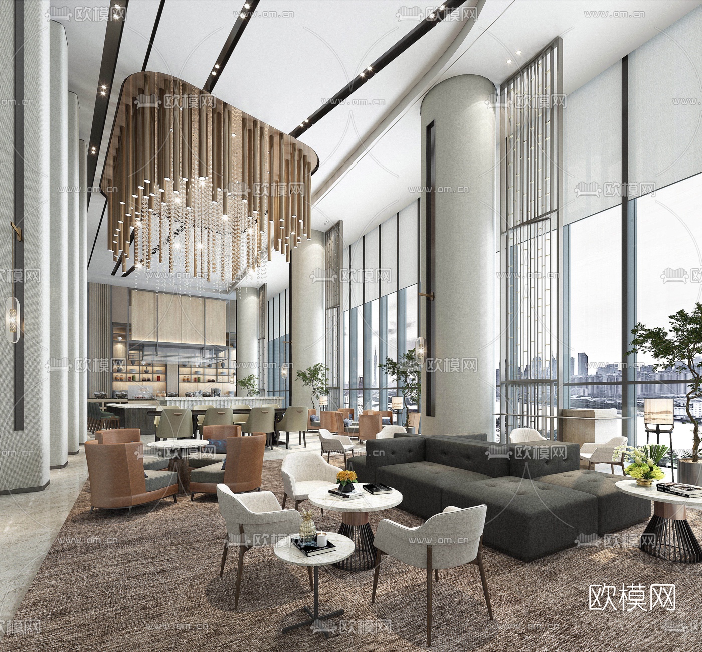 现代酒店大堂休息区3d模型-免费3dmax模型库-欧模网