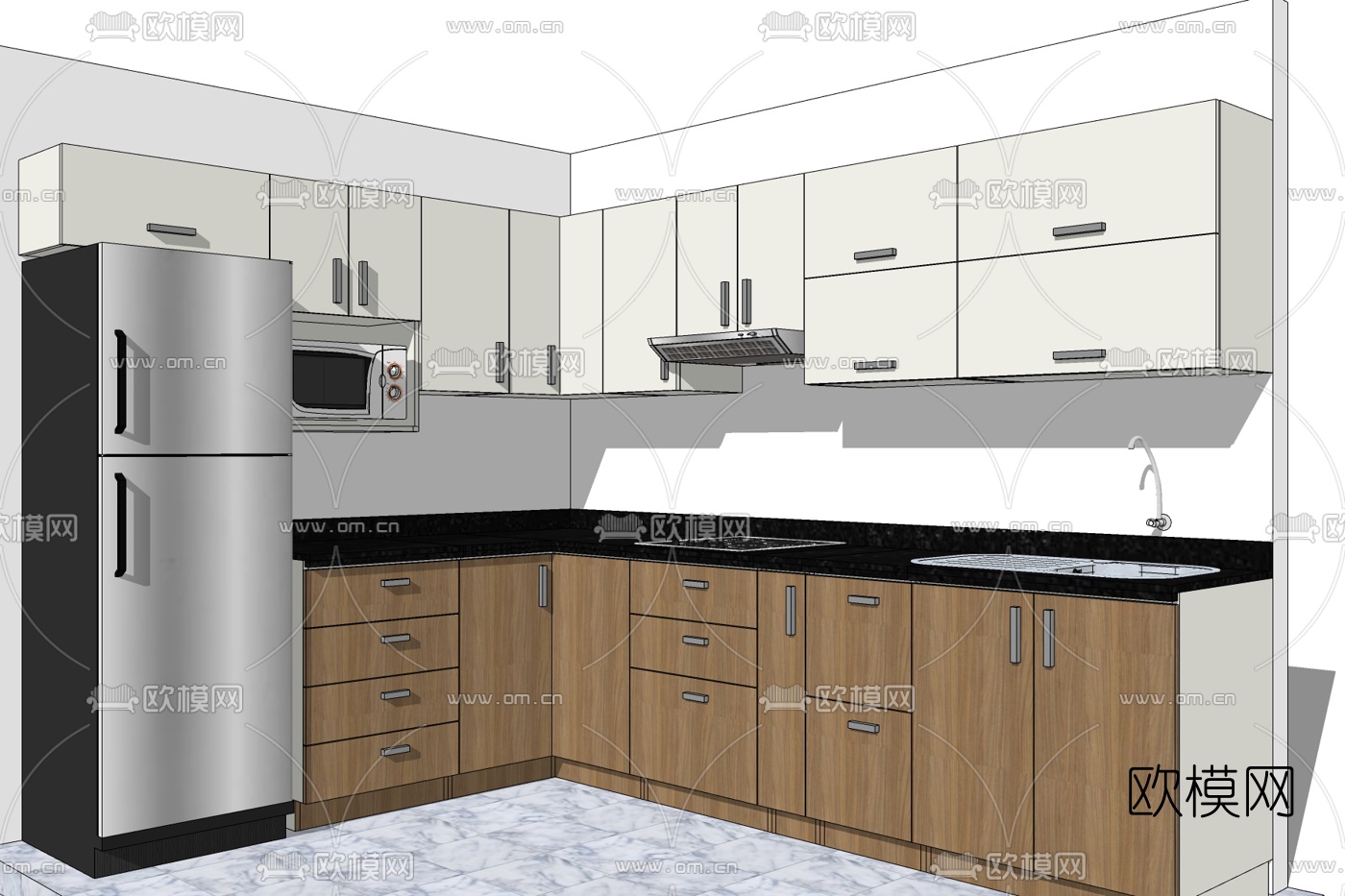 现代实木橱柜免费su模型下载