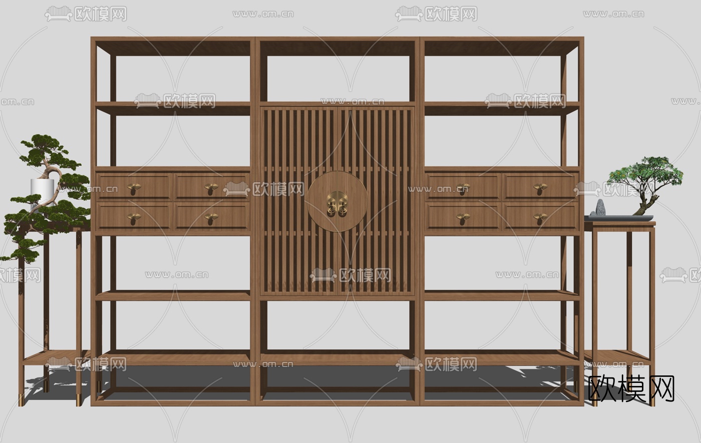 中式实木书架储物柜su模型下载（渲染图1）