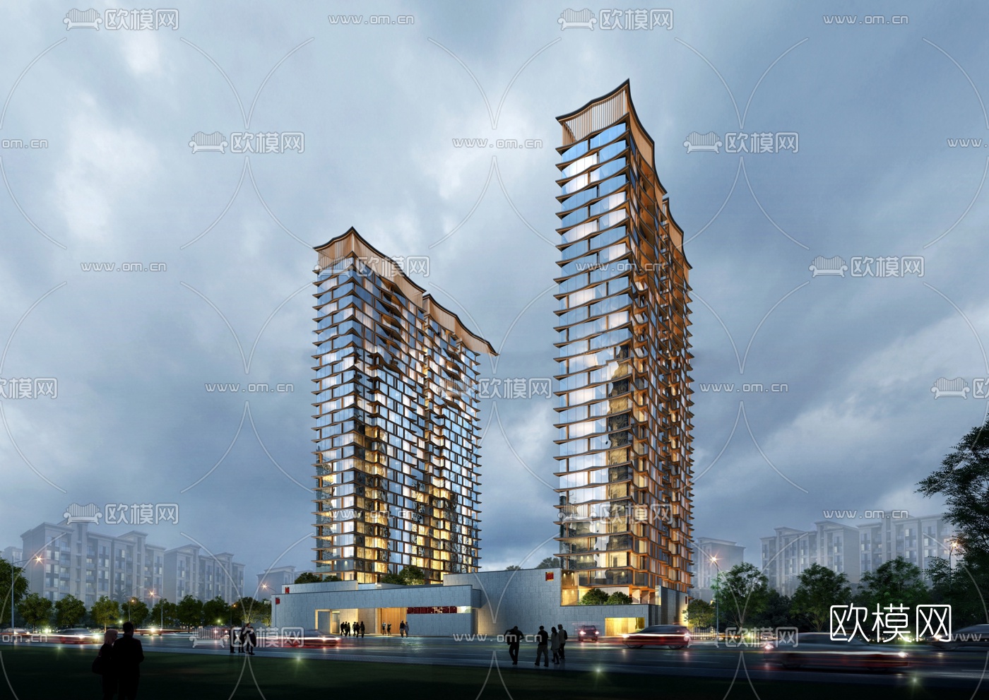 现代高层公寓楼外观su模型下载（渲染图1）