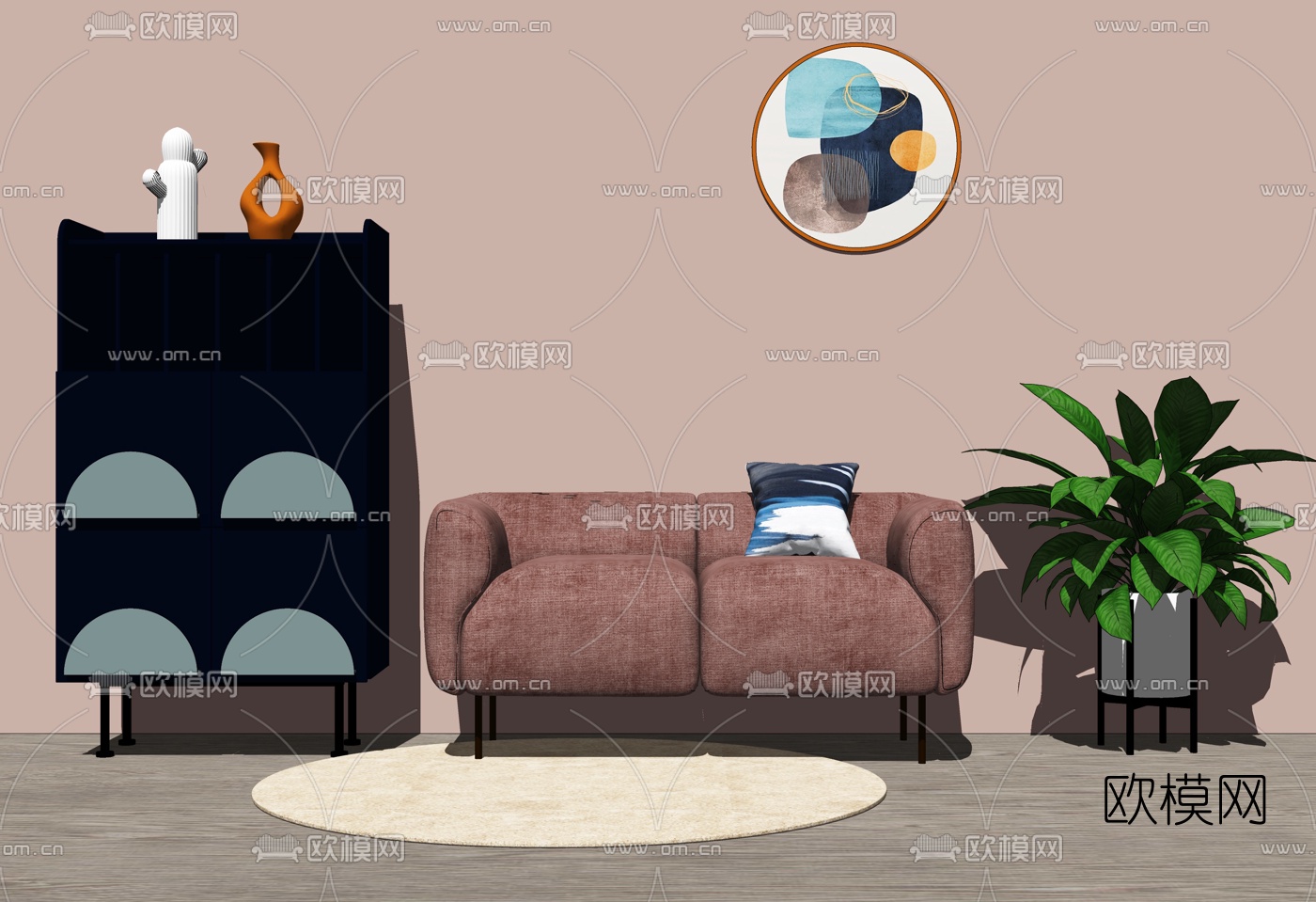 北欧布艺双人沙发su模型下载（渲染图2）