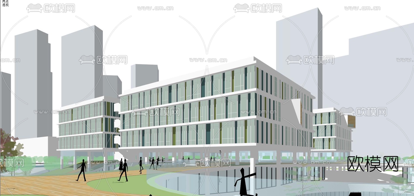 现代学校教学楼外观su模型下载（渲染图2）