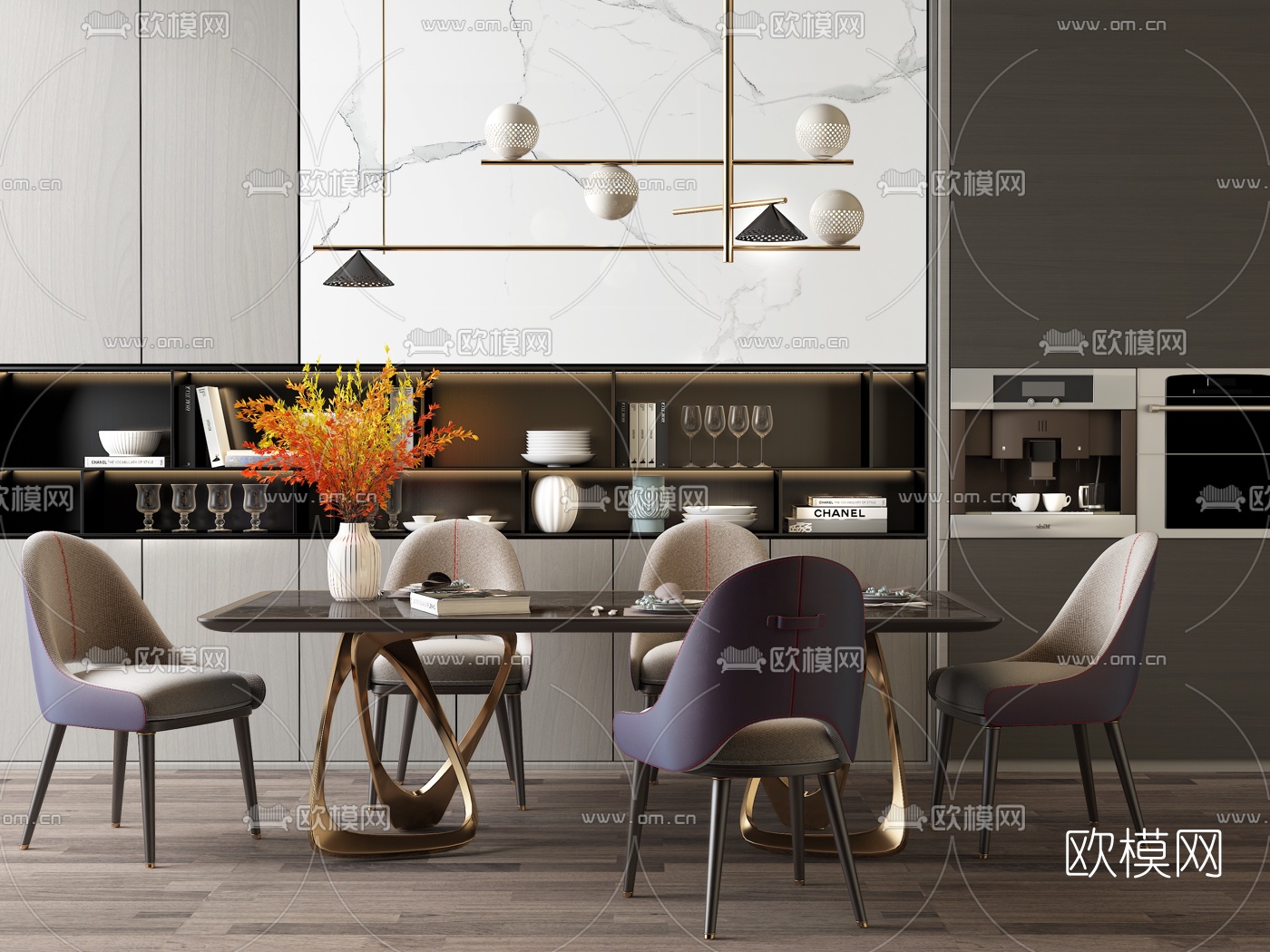 现代轻奢餐桌椅3d模型下载（渲染图1）
